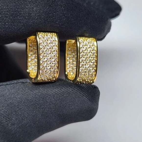 Simulated diamonds cluster pave beautiful, bridal huggie hoop gold tone earrings - Picture 1 of 5